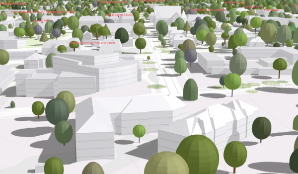 3D scene showing Schematic Local Government scene with World Topographic Map draped over detailed elevation along with LOD2 buildings, building floors, and trees
