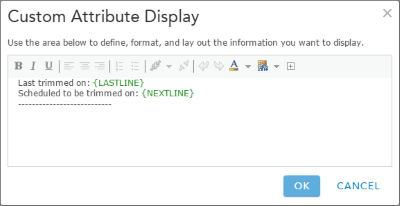 Custom Attribute Display configuration window for trimming areas layer