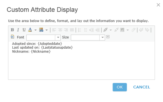 Custom Attribute Display pane showing adopted date, last updated, and nickname information