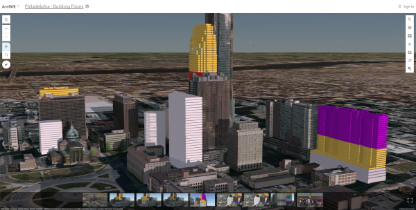 3D scene showing buildings floors with different colors