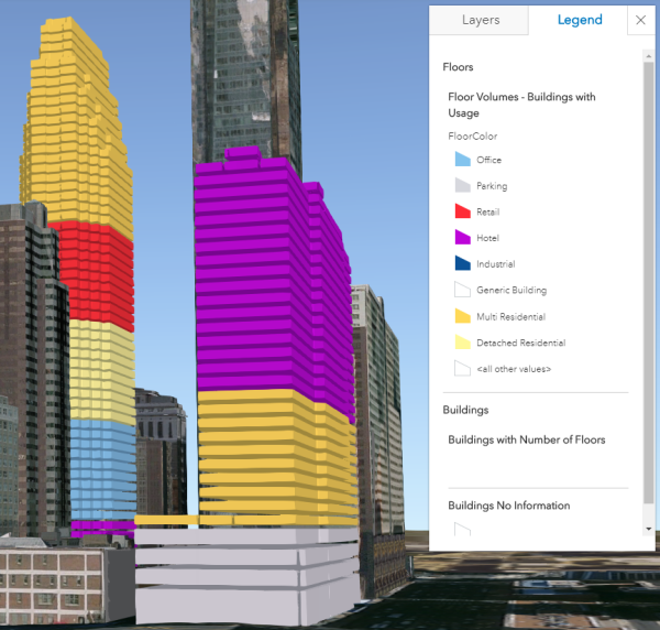 3D scene showing a building split in to individual floors by defined space use