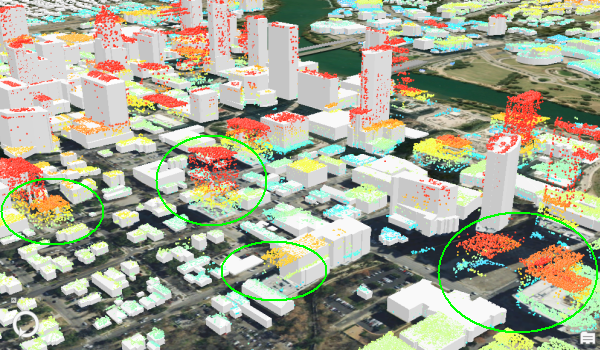 3D scene showing existig 3D buildings and new lidar