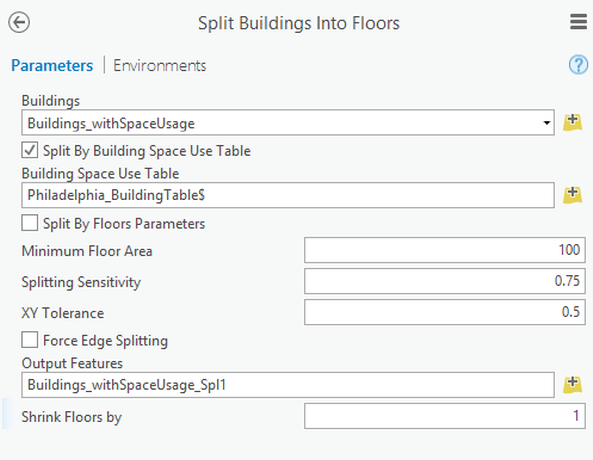 Split Building Into Floors tool parameters