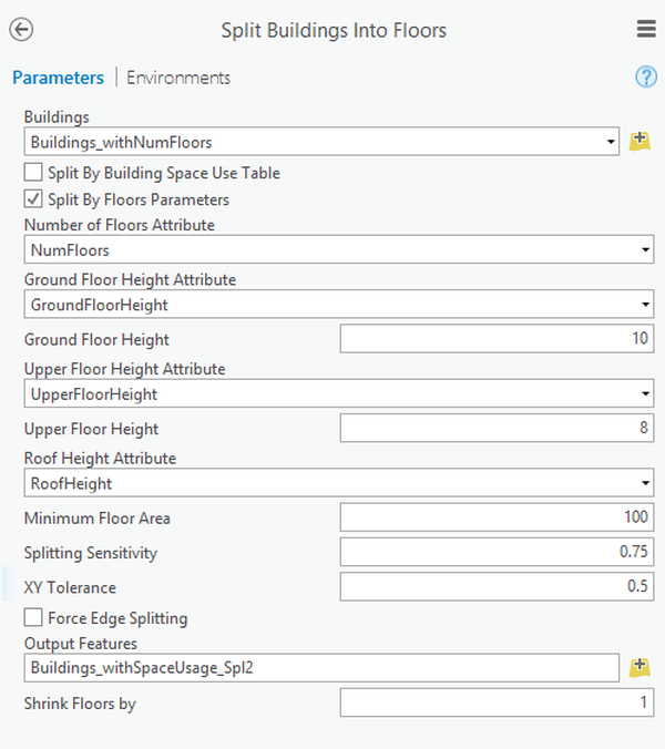 Split Building Into Floors tool parameters