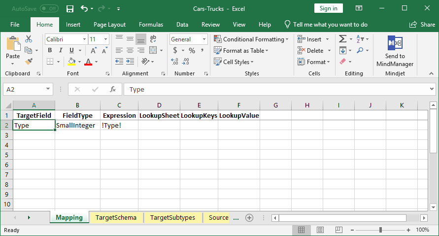 The mapping sheet in the mapping workbook demonstrating one use for the Expression column.