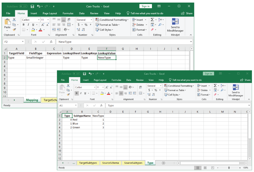 An example of using the Lookup columns in the mapping workbook to map a Type field with three values