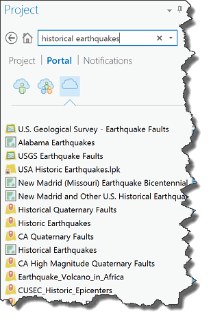 Searching for historial earthquakes in the Project pane