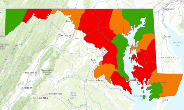 Map of Maryland showing results of resilience data summerized