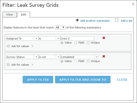Filter the Leak Survey Grids layer